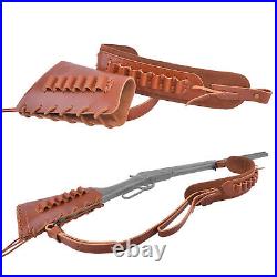 1 Set Full Grain Leather Rifle Buttstock with Shotgun Ammo Sling with Swivels