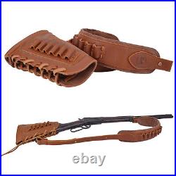 1 Set Padded Leather Rifle Buttstock +Gun Sling For. 308.45/70.30/06.44 410GA