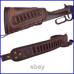 1 Set of Leather Gun Ammo Buttstock + Gun Sling for. 357.308.22LR 12GA. 38