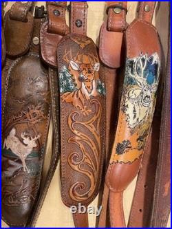 4 PADDED RIFLE SLING LEATHER BROWN DEER SCENE WithSWIVELS VINTAGE 8501045 210 NICE