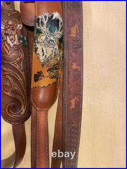 4 PADDED RIFLE SLING LEATHER BROWN DEER SCENE WithSWIVELS VINTAGE 8501045 210 NICE
