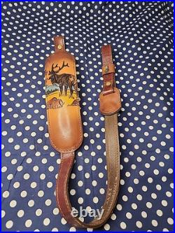Aa&e Tooled Stitched Elk Mountain Scene Leather Padded Rifle Sling Suede Backed