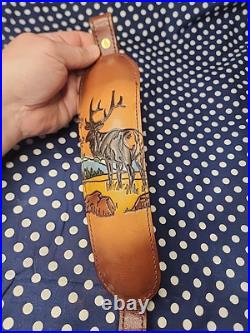 Aa&e Tooled Stitched Elk Mountain Scene Leather Padded Rifle Sling Suede Backed