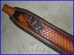 Hand Tooled Leather Padded Rifle Sling Adjustable Length Elk-Antlers-Basket Weav