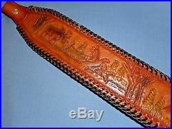 Hand Tooled Leather Padded Rifle Sling Adjustable Length Elk-Horses-Man-Pheasant