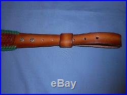 Hand Tooled Leather Padded Rifle Sling Adjustable Length Green Leaves-Basket Wea