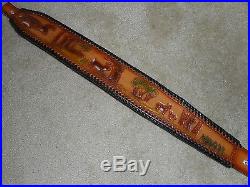 Hand Tooled Leather Padded Rifle Sling Adjustable Length Scene with 4 Deer-Trees