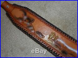 Hand Tooled Leather Padded Rifle Sling Adjustable Length Scene with Couger+Deer