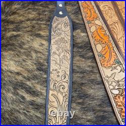 Hand Tooled Leather Rifle Sling Adjustable Straps Brown Tan Floral Pattern