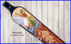 Hand Tooled Leather Rifle Sling With Duck, Adjustable, Handcrafted, Hunter Sling