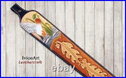 Hand Tooled Leather Rifle Sling With Duck, Adjustable, Handcrafted, Hunter Sling