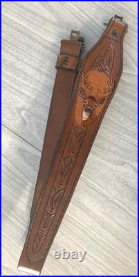 Hand carved leather riflesling, deer on sling, hand tooled deer on gunsling, sling