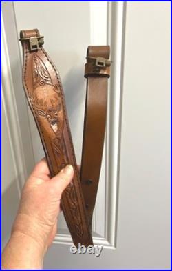 Hand carved leather riflesling, deer on sling, hand tooled deer on gunsling, sling