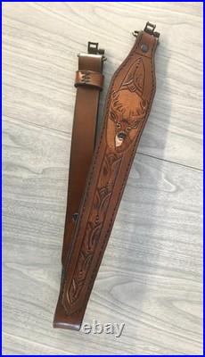 Hand carved leather riflesling, deer on sling, hand tooled deer on gunsling, sling