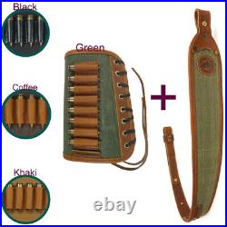 High Quality Canvas Leather Rifle Sling + Gun Buttstock Ammo Holder USA Stock