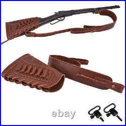 Leather Ammo Holder Buttstock Cover Gun Shoulder Strap + Swivels. 22LR. 308 12GA