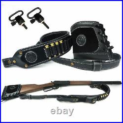 Leather Canvas Recoil Pad +Rifle Hunting Gun Ammo Shoulder Sling & Swivels Set