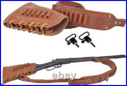 Leather Gun Shell Holder Buttstock with Matched Rifle Sling for. 30-06.30-30