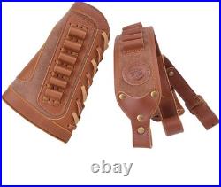 Leather Gun Shell Holder Buttstock with Matched Rifle Sling for. 30-06.30-30