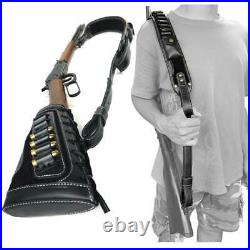 Leather Hunting Gun Shell Holder Buttstock with Match Tactical Rifle Sling Strap