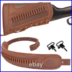 Leather Rifle Buttstock Pouch + Matched Gun Sling + Swivels For. 17.22LR. 22MAG