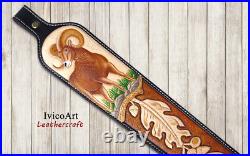 Leather Rifle Sling, Bighorn Sheep, Hand Tooled, Adjustable Rifle Sling, Hunting Leather Rifle Sling, Bighorn Sheep, Hand Tooled, Adjustable Rifle Sling, Hunting