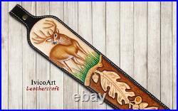 Leather Rifle Sling, Deer, Hand Tooled, Adjustable, Shotgun Sling, Hunting Leather Rifle Sling, Deer, Hand Tooled, Adjustable, Shotgun Sling, Hunting