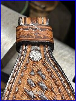 Leather Rifle Sling Hand Tooled Basket Weave Strap Personalized -Made in USA