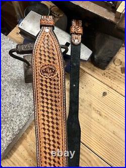 Leather Rifle Sling Hand Tooled Basket Weave Strap Personalized -Made in USA