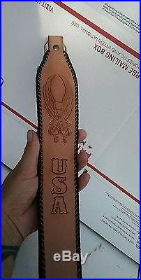 NOS Vintage Leather Padded Rifle Sling with TOOLED USA & EAGLE BLACK BRAIDED SIDES