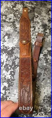 Old West Tooled Oak Leaf Pouch Handcrafted Leather Suede Backed Rifle Sling