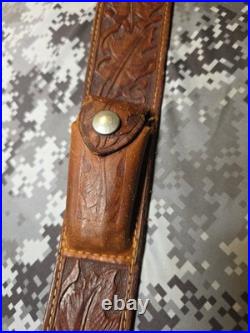 Old West Tooled Oak Leaf Pouch Handcrafted Leather Suede Backed Rifle Sling