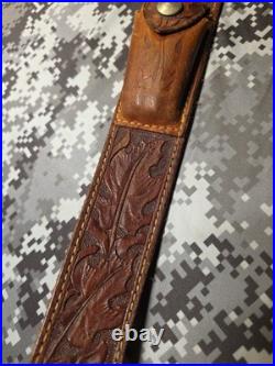 Old West Tooled Oak Leaf Pouch Handcrafted Leather Suede Backed Rifle Sling