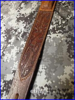 Old West Tooled Oak Leaf Pouch Handcrafted Leather Suede Backed Rifle Sling