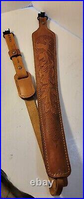 Pathfinder Cb373b Brown Leather Rifle Sling Inch Padded Embossed Beautiful Deer