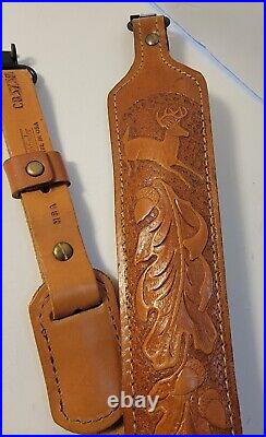 Pathfinder Cb373b Brown Leather Rifle Sling Inch Padded Embossed Beautiful Deer