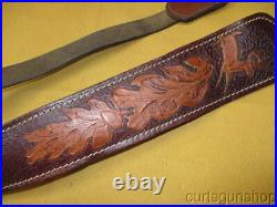 Rifle Sling 1 Inch Cobra Brown Leather with Embossed Deer and Oak Leaves Padded
