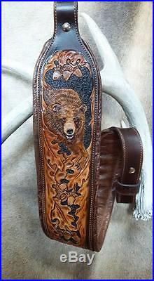 Rifle Sling, Brown Leather, Hand Carved, Made in the USA, Grizzly Ridge
