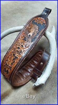 Rifle Sling, Brown Leather, Hand Carved, Made in the USA, Grizzly Ridge