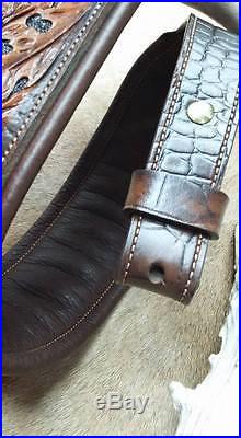 Rifle Sling, Brown Leather, Hand Carved, Made in the USA, White Tail