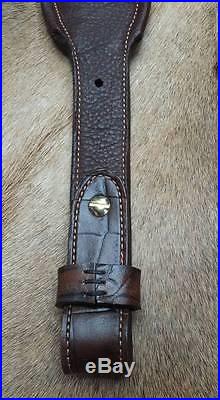 Rifle Sling, Brown Leather, Hand Carved, Made in the USA, White Tail