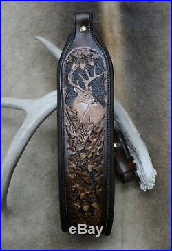 Rifle Sling, Brown Leather, Hand Carved, Prize Buck Made in the USA