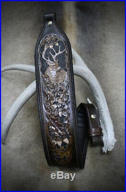 Rifle Sling, Brown Leather, Hand Carved, Prize Buck by Seelye Leather Works