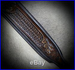 Rifle Sling, Brown Leather, Hand Carved, Timber Wolf made in the USA