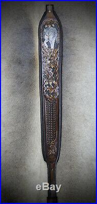 Rifle Sling, Brown Leather, Hand Carved, Timber Wolf made in the USA