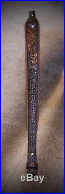 Rifle Sling, Brown Leather, Hand tooled, Made in USA, Wildlife Concho / Deer
