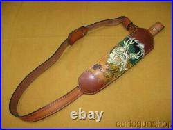 Rifle Sling Brown Leather Padded 1 with Embossed Deer Scene on Face