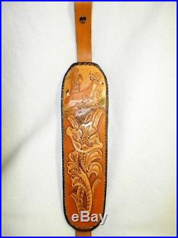 Rifle Sling, Leather, Leaping Deer Scene, Hand Crafted, Padded, Adjustable