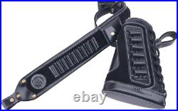 Sleek Black Leather Rifle Sling & Buttstock Holder for Efficient Ammo Access Sleek Black Leather Rifle Sling & Buttstock Holder for Efficient Ammo Access