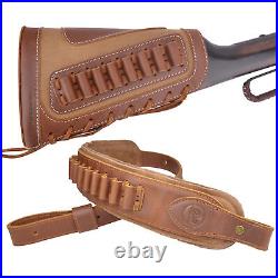 Suit Of Leather Buttstock + Rifle Sling Ammo Shell Holder Hunting. 357.30-30.38